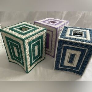 Set of 3 Handmade Needlepoint Plastic Canvas Tissue Box Cover multi color